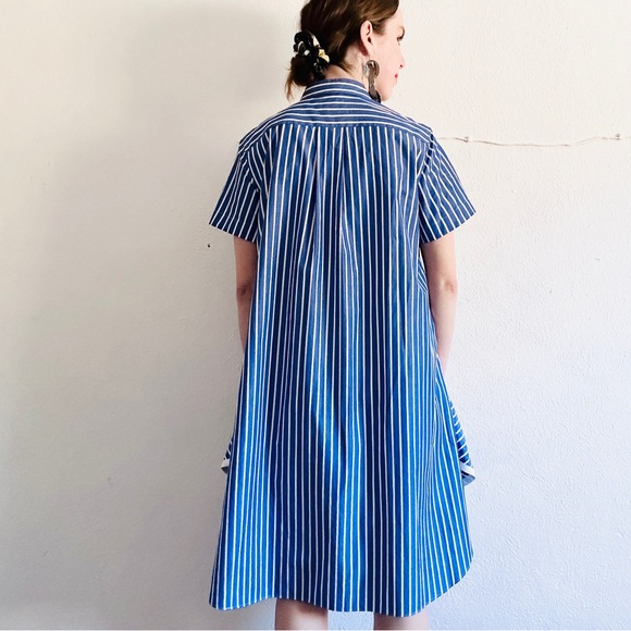SACAI Blue Cotton Poplin Stripe Parachute Short Sleeve Collared Shirt Dress - Picture 8 of 11